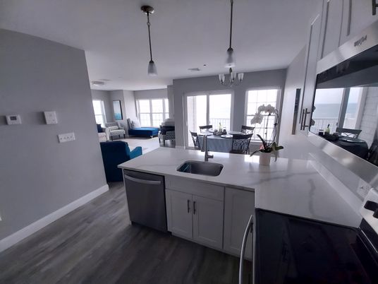 Dining room, Interior, Kitchen, Living room, Pendant Lights, Wood Texture Flooring