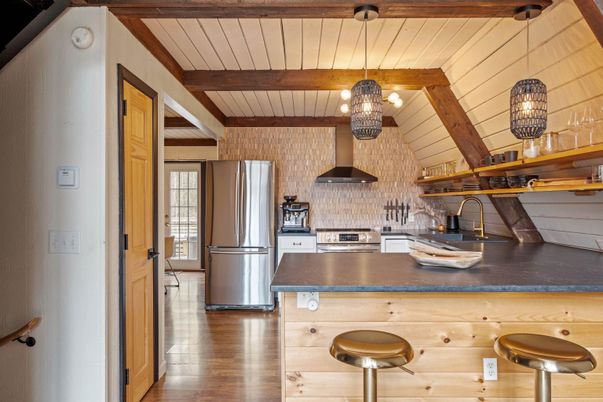 Chandelier, Interior, Kitchen, Pendant Lights, Stainless Steel Appliances, Wooden Beams, Wood Texture Flooring
