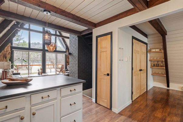Interior, Kitchen, Pendant Lights, Wooden Beams, Wood Texture Flooring