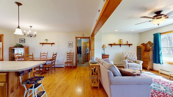 Chandelier, Dining room, Interior, Recessed Lighting, Wooden Beams, Wood Texture Flooring
