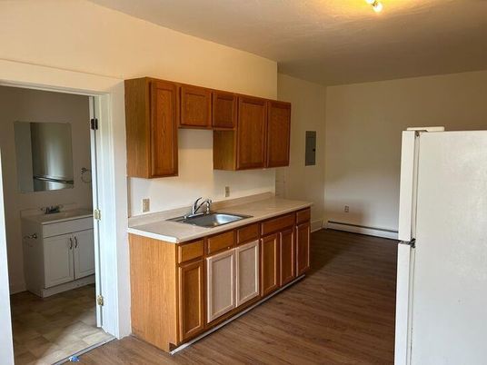 Interior, Kitchen, Tile Countertops, Wood Texture Flooring