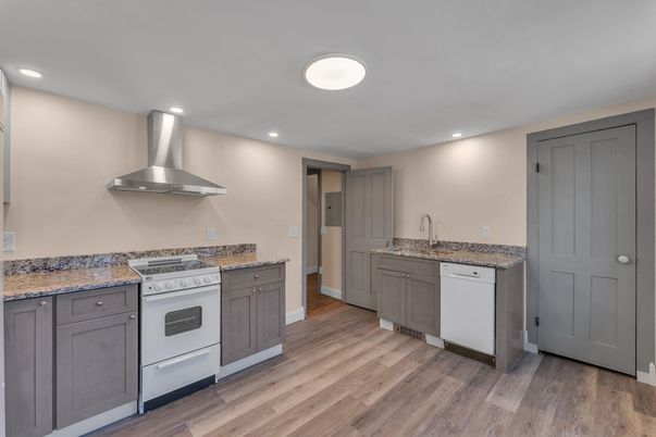 Interior, Kitchen, Recessed Lighting, Stainless Steel Appliances, Wood Texture Flooring