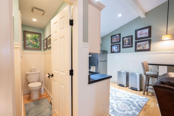 Bathroom, Interior, Pendant Lights, Recessed Lighting, Wood Texture Flooring