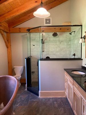 Bathroom, Dual Sink Vanities, Glass Shower, Interior, Pendant Lights, Wooden Beams, Wooden Ceilings