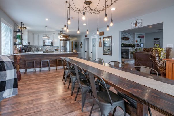 Fireplace, Interior, Kitchen, Pendant Lights, Recessed Lighting, Wood Texture Flooring