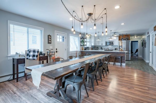 Dining room, Interior, Kitchen, Pendant Lights, Recessed Lighting, Stainless Steel Appliances, Wood Texture Flooring