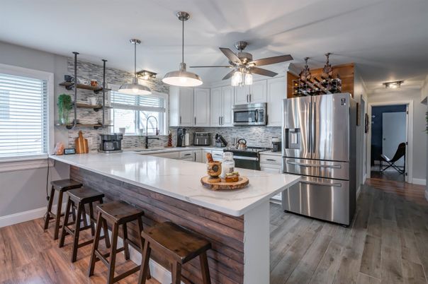 Interior, Kitchen, Pendant Lights, Stainless Steel Appliances, Wood Texture Flooring