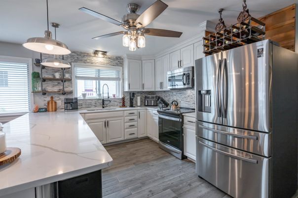 Interior, Kitchen, Pendant Lights, Stainless Steel Appliances, Wood Texture Flooring