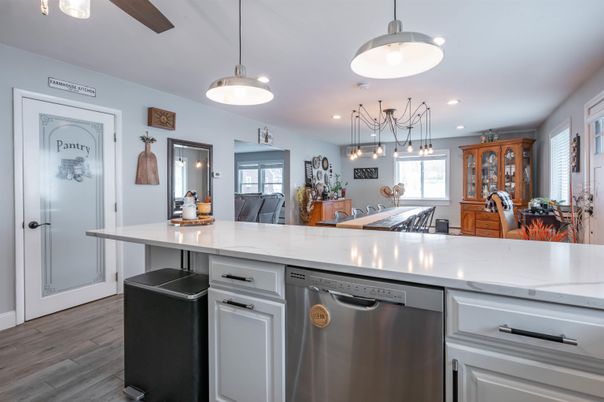 Interior, Kitchen, Pendant Lights, Recessed Lighting, Stainless Steel Appliances, Wood Texture Flooring