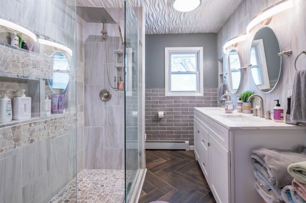 Bathroom, Dual Sink Vanities, Glass Shower, Interior, Wood Texture Flooring