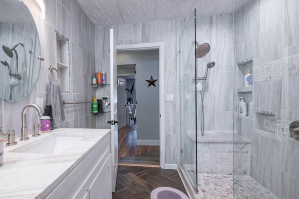 Bathroom, Glass Shower, Interior, Wood Texture Flooring
