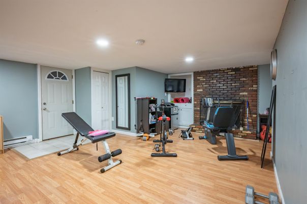 Fitness Equipment, Interior, Recessed Lighting, Stone Walls, Wood Texture Flooring
