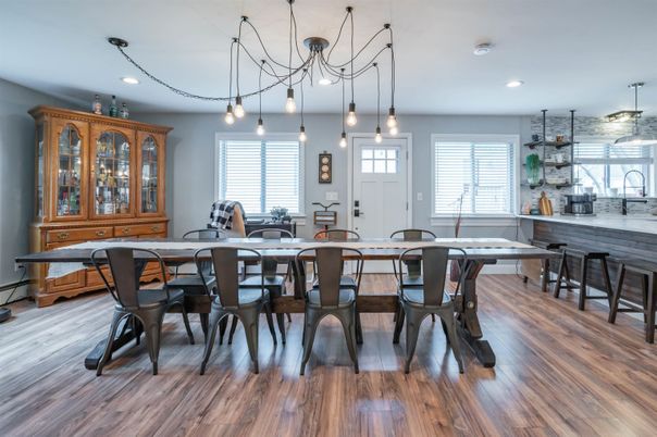 Dining room, Interior, Pendant Lights, Recessed Lighting, Wood Texture Flooring