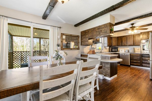 Dining room, Interior, Kitchen, Stainless Steel Appliances, Stone Walls, Wooden Beams, Wood Texture Flooring