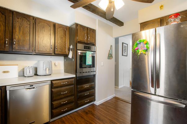 Interior, Kitchen, Stainless Steel Appliances, Wooden Beams, Wood Texture Flooring
