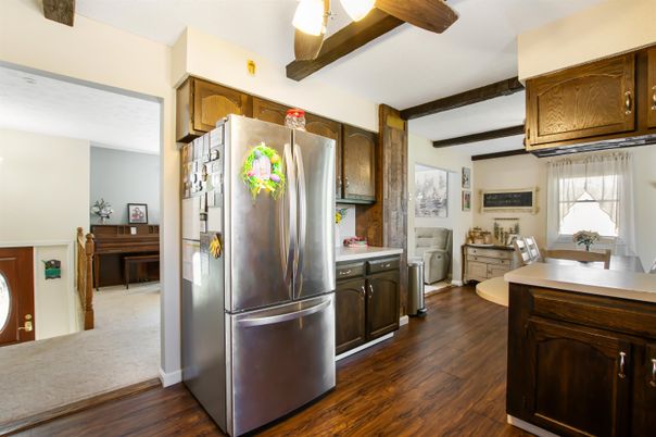 Interior, Kitchen, Stainless Steel Appliances, Wooden Beams, Wood Texture Flooring