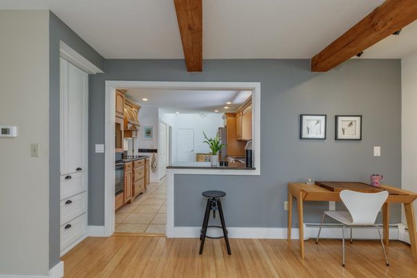 Dining room, Interior, Kitchen, Recessed Lighting, Wooden Beams, Wood Texture Flooring