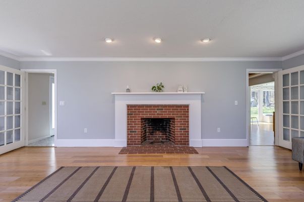 Empty room, Fireplace, Interior, Recessed Lighting, Wood Texture Flooring