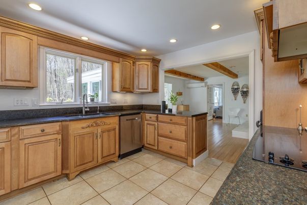Interior, Kitchen, Recessed Lighting, Stainless Steel Appliances, Wooden Beams, Wood Texture Flooring