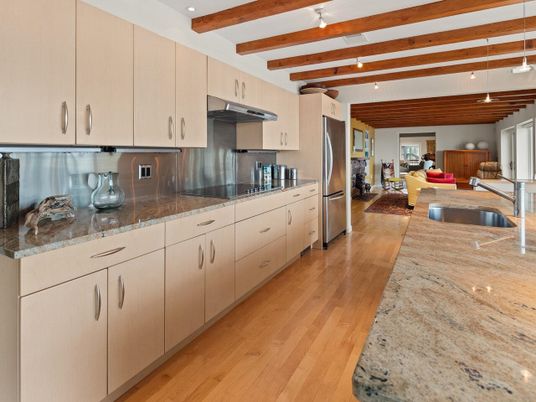 Interior, Kitchen, Living room, Pendant Lights, Recessed Lighting, Stainless Steel Appliances, Wooden Beams, Wood Texture Flooring