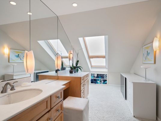Bathroom, Dual Sink Vanities, Interior, Pendant Lights, Recessed Lighting