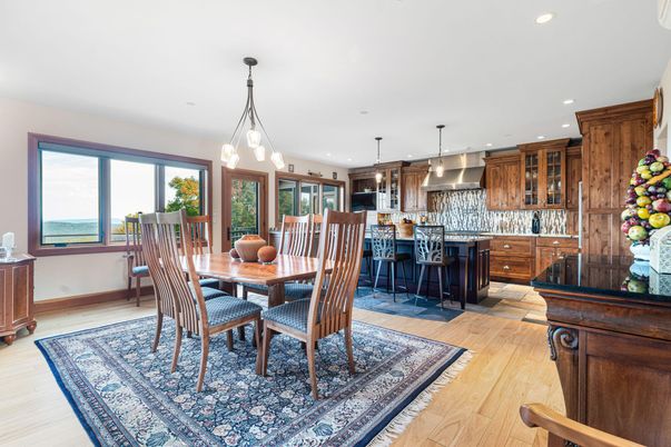 Dining room, Interior, Kitchen, Pendant Lights, Recessed Lighting, Water, Wood Texture Flooring
