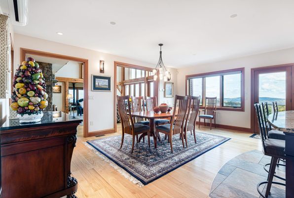 Dining room, Interior, Pendant Lights, Recessed Lighting, Wood Texture Flooring