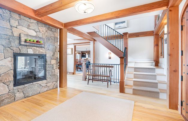 Fireplace, Interior, Stone Walls, Wooden Beams, Wood Texture Flooring