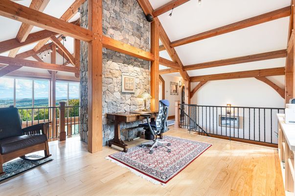 Fireplace, Home Office, Interior, Stone Walls, Wooden Beams, Wood Texture Flooring