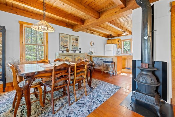 Dining room, Fireplace, Interior, Pendant Lights, Wooden Beams, Wooden Ceilings, Wood Texture Flooring