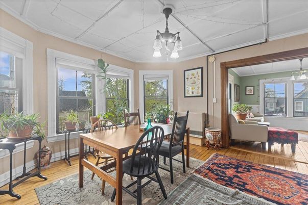 Dining room, Interior, Living room, Pendant Lights, Wood Texture Flooring