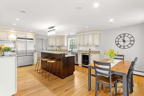 Dining room, Interior, Kitchen, Recessed Lighting, Stainless Steel Appliances, Wood Texture Flooring