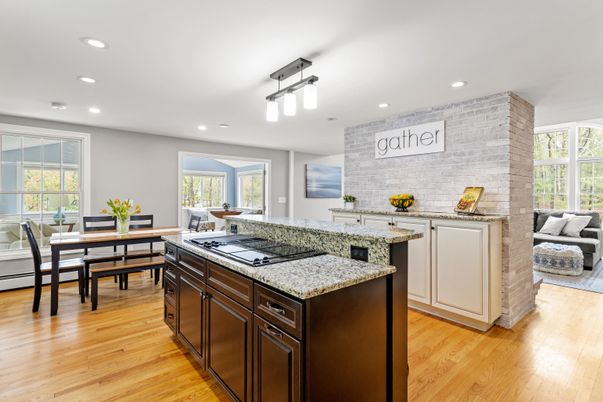 Dining room, Interior, Kitchen, Recessed Lighting, Stone Walls, Wood Texture Flooring