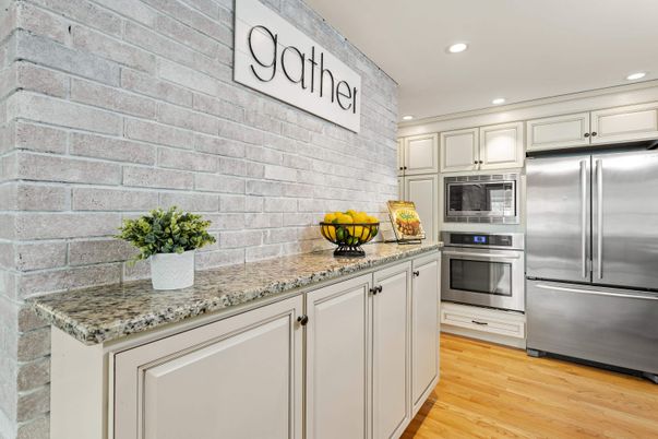 Interior, Kitchen, Recessed Lighting, Stainless Steel Appliances, Stone Walls, Wood Texture Flooring