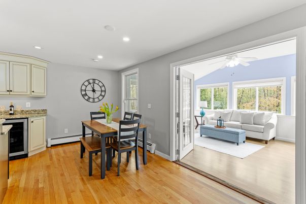 Dining room, Interior, Living room, Recessed Lighting, Wood Texture Flooring