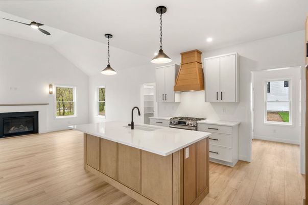 Fireplace, Interior, Kitchen, Pendant Lights, Recessed Lighting, Wood Texture Flooring