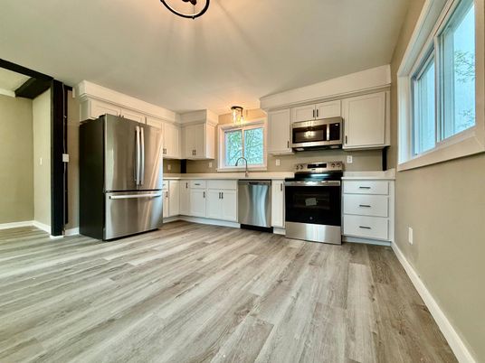 Interior, Kitchen, Stainless Steel Appliances, Wood Texture Flooring