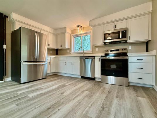 Interior, Kitchen, Stainless Steel Appliances, Wood Texture Flooring