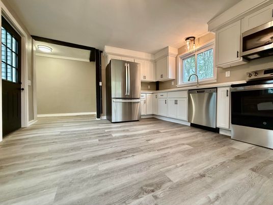 Interior, Kitchen, Stainless Steel Appliances, Wood Texture Flooring