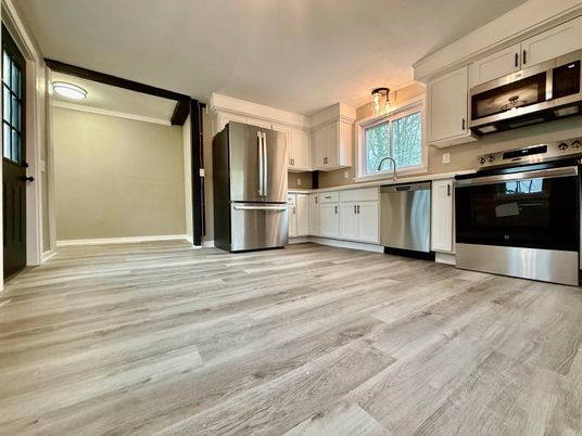 Interior, Kitchen, Stainless Steel Appliances, Wood Texture Flooring