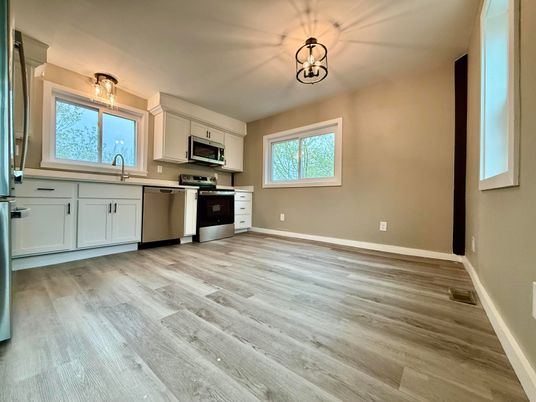 Interior, Kitchen, Pendant Lights, Stainless Steel Appliances, Wood Texture Flooring