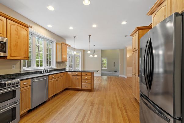 Interior, Kitchen, Pendant Lights, Recessed Lighting, Stainless Steel Appliances, Wood Texture Flooring