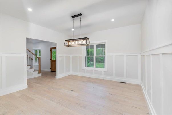 Empty room, Interior, Pendant Lights, Recessed Lighting, Wood Texture Flooring