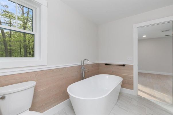 Bathroom, Free Standing Baths, Interior, Recessed Lighting, Wood Texture Flooring