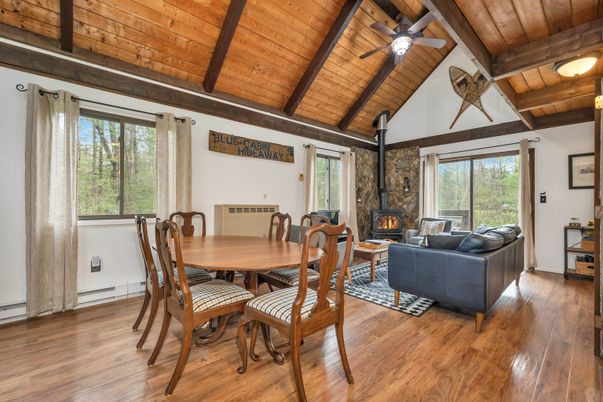 Dining room, Fireplace, Interior, Living room, Wooden Beams, Wooden Ceilings, Wood Texture Flooring