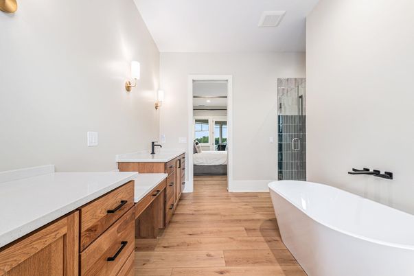Bathroom, Bedroom, Dual Sink Vanities, Free Standing Baths, Interior, Wood Texture Flooring