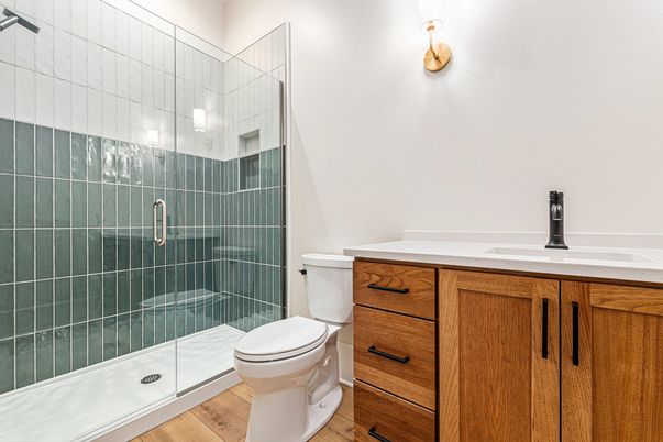 Bathroom, Glass Shower, Interior, Wood Texture Flooring