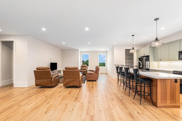 Interior, Kitchen, Living room, Pendant Lights, Recessed Lighting, Wood Texture Flooring