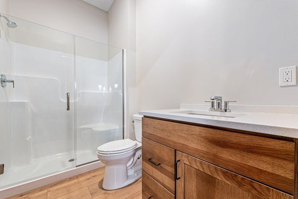 Bathroom, Glass Shower, Interior, Wood Texture Flooring
