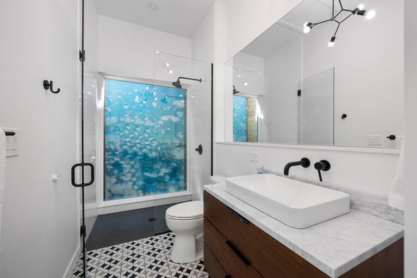 Bathroom, Glass Shower, Interior, Pendant Lights